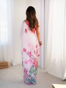 Sari en soie Georgette avec blouse non cousue, imprimé de fleurs, magnifique sari coloré avec travail de miroir pour femmes - Product Image 2