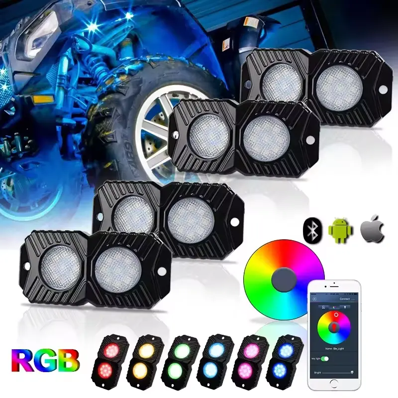 OVOVS 4 Pods RGB LED Rock Light for 4x4 Truck Aluminum Wireless Controlled Auto Lighting System 12V