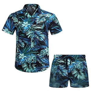 Chemise à manches courtes à col boutonné et imprimé feuilles de palmier tropicales bleu-vert pour homme, ensemble 2 pièces avec short assorti, tenue hawaïenne décontractée - Product Image 1