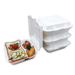 Disposable Bagasse Fiber Biodegradable Clamshell Food Container 3 Compartment 9" Takeout Lunch Box