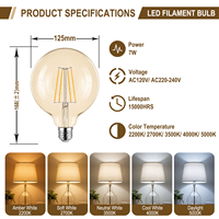 Ampoule à filament globe plaquée or G125/G40 à longue durée de vie (15000H), 7W, compatible avec une large gamme de tensions pour les applications d'éclairage domestique mondiales