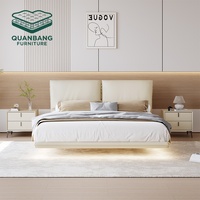 Lit double moderne en cuir de luxe léger avec tête de lit capitonnée, lits en bois minimalistes pour chambre principale, chambre de mariage, hôtel