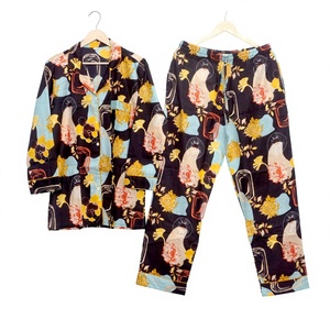 Women's 3-Piece Elegant Modest Floral <b>Pattern</b> Pajama Set Long Sleeve Button-Down Elastic Waist Quick Dry 100% Organic Cotton - Product Image 1