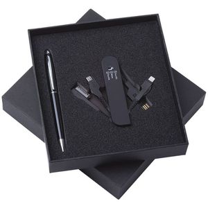 Coffret cadeau technique 2 pièces comprenant un adaptateur USB 3-en-1 et un <span class=keywords><strong>stylo</strong></span> à bille noir exclusif pour les cadeaux d'entreprise - Product Image 1
