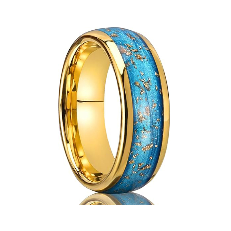 Fashion 8mm Gold Tungsten Carbide Wedding Bands for Men and Women High Polished Inlaid Blue Quicksand Gold Foil for Engagement