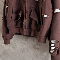 Sweat-shirt à capuche zippé pour homme, délavé et vieilli, doublé en maille gaufrée, coupe oversize, effet déchiré, style vintage Y2K streetwear, vente en gros