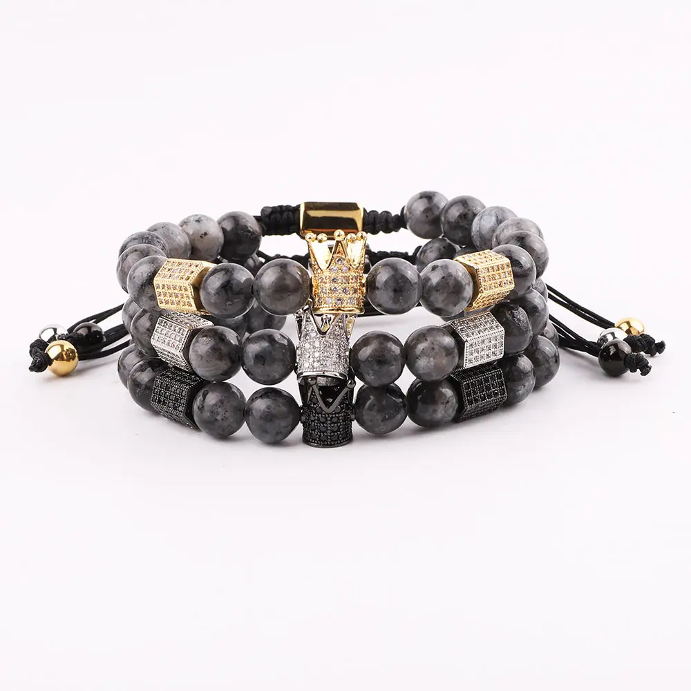High Quality Gemstone Black Labradorite Customized Logo CZ Crown Macrame Bracelet Men JBS10306