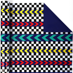 Boys Racing Checkered Double Sided Wrapping <b>Paper</b> Bright Chevron Pattern For Toddler Birthday Race Toy Gift Packaging <b>Roll</b> - Product Image 1