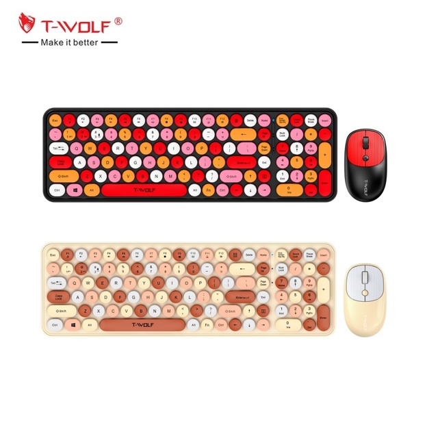 T-WOLF TF350 Office 2.4g Wireless Keyboard and Mouse Combos Multiple Color Slim Cute Round Punk Style Girl Keyboard for Computer