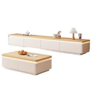 Juego de Muebles de <span class=keywords><strong>Madera</strong></span> Sólida para Sala de Estar con Luz Ambiental, Mesa de Centro y Mueble para TV, Estilo Moderno Minimalista Retro Crema para Hogar, Hotel o Comedor - Product Image 1