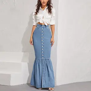 Special Design Custom Button-Up Denim Mermaid Ruffle Hem Maxi Skirt Jean Skirt Women Denim Fall fashion long denim skirt