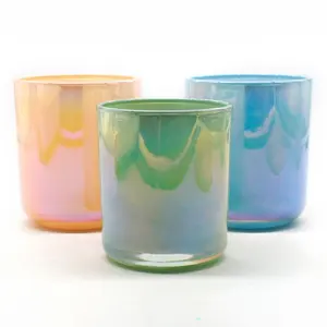 FENGJUN arcobaleno fondo tondo 16 oz barattolo di lusso unico candele olografiche barattoli contenitore di vetro con coperchi per candele