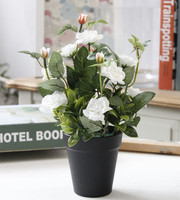Fleurs artificielles roses et bleues au toucher réel avec pot en plastique