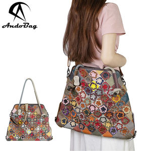 Sac fourre-tout en cuir véritable AndoBag à motif floral, grande capacité, avec surpiqûres colorées, sac bandoulière à carreaux, sacoche pour femme 1890 - Product Image 1