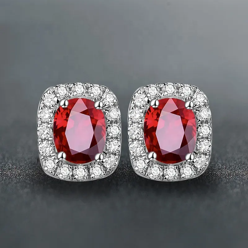 Jachon Luxury Oval Shaped Ruby Stud Earrings Cubic Zirconia stones Women zircon diamond earring Jewelry