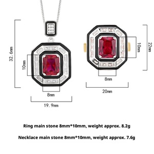 New Arrival Eco-friendly Copper 8*10mm Red Zircon <b>Iced</b> <b>Out</b> Diamond Vintage Square Shaped Necklace and Earrings Jewelry Set - Product Image 2