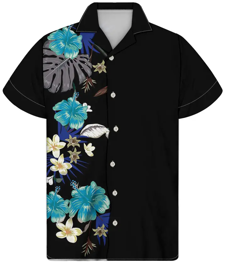 Vintage print on demand polynesian plumeria hibiscus black with flowers printed men's shirts mens floral shirt pattern clothing
