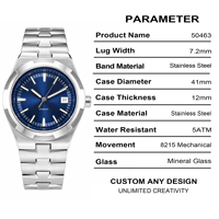 Montre automatique pour homme en acier inoxydable personnalisée, étanche 50M, aiguille bleue, mode, cristal de saphir synthétique, 41 mm, date automatique