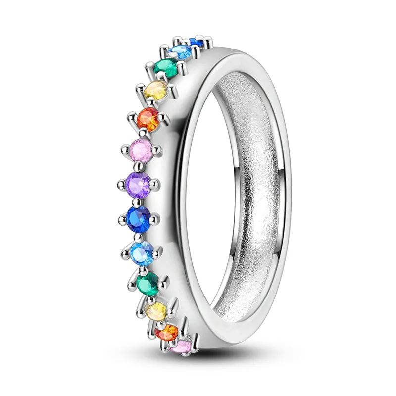 Fabricante de joyería personalizado Hip Hop moda nuevo Arco Iris gradiente colorido circón anillo para mujeres S925 anillos de plata joyería