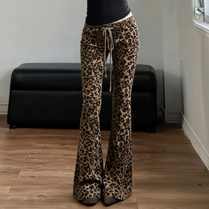 Leopard Print Knit Flared <b>Pants</b> Women Drawstring Mid Rise Slim Fit Casual Long Trousers <b>Y2K</b> Street Style - Product Image 2