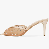Mules à talons en dentelle et résille pour femmes, ornées de strass et de cristaux, à bout pointu, sandales transparentes, vente en gros, OEM personnalisé