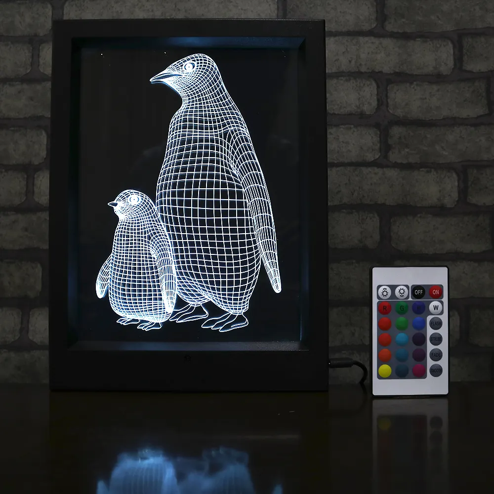 ベストセラーアクリルLEDランプフォトフレームベースペンギンデザインUSBデスクナイトライト用3Dイリュージョンナイトライト