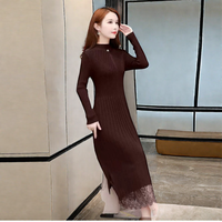 Huachao Top moda mujer manga larga Slim Fit suéter de punto otoño falda de encaje vestido con cintura Natural colección de diseñador