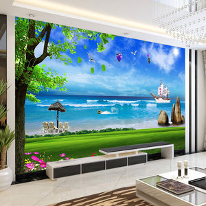 Mural de Hotel Mediterráneo, papel tapiz de cielo azul, nubes blancas y paisaje marino, papel tapiz de árbol de coco, de Hotel Fondo, tela de pared - Product Image 1