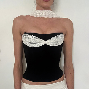 Top Corset <span class=keywords><strong>de</strong></span> Encaje en Contraste <span class=keywords><strong>para</strong></span> Mujer, sin Tirantes, con Gargantilla, Sexy, <span class=keywords><strong>para</strong></span> Fiesta, <span class=keywords><strong>Club</strong></span>, Salida Nocturna, Estilo Y2K, Atuendo <span class=keywords><strong>de</strong></span> Verano 2026 - Product Image 1