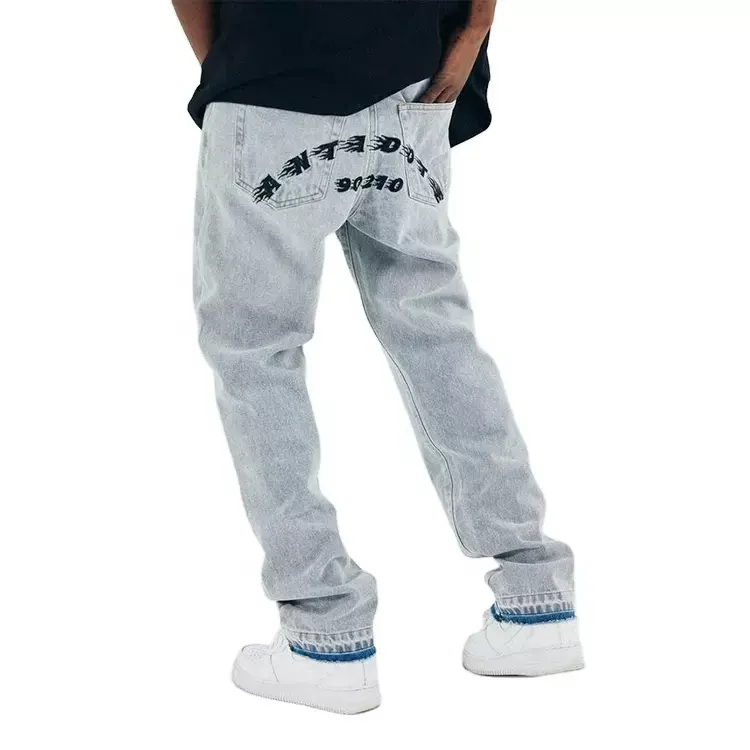 Accept Low MOQ custom stacked graffiti jeans mid rise washed Straight leg jeans high quality denim jeans for men