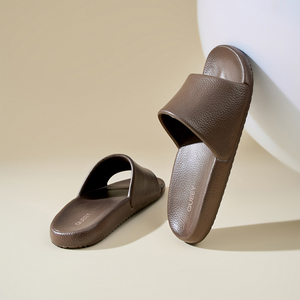 CUEBY Women Brown PU <b>Slide</b> Slippers Open Toe Anti-Slippery EVA Outsole Indoor All Seasons - Product Image 1