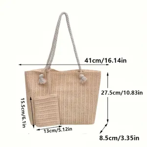 Sac à main de plage d'été fait à la main pour femmes Sac à main en paille décontracté tissé à deux bretelles Grande capacité Sac à bandoulière - Product Image 2