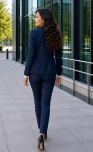 Traje de Tres Piezas Azul Marino a Medida para Mujer, Corte Entallado, Ropa de Oficina con Blazer Estructurado, Chaleco a Juego - Product Image 4