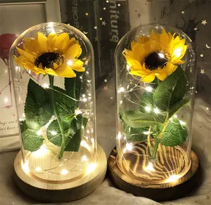 Factory Supply konservierte Sonnenblume in Glaskuppel Ewige künstliche Sonnenblumen für Dekoration Hochzeit Valentinstag