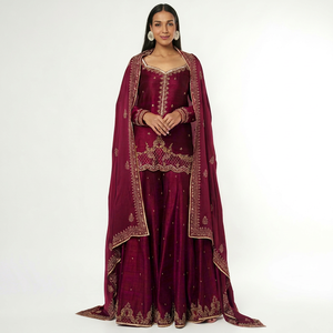 Ensemble Kurta en soie brodée marron pour femme avec pantalon palazzo et dupatta, tenue traditionnelle indienne et pakistanaise pour mariage, longueur au sol - Product Image 1
