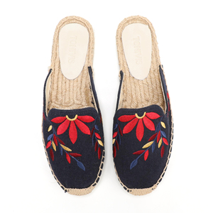 Custom Embroidered Closed Mule Espadrilles Beige Canvas <strong>Green</strong> Leaf Rubber Sole Backless <strong>Slides</strong> Women's All-Match Spring Summer - Product Image 3