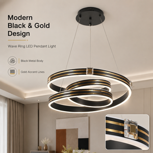 Lustre moderne à anneaux LED en métal noir et or 128W, trois couleurs, hauteur réglable, pour salle à manger intérieure, décoration intérieure - Product Image 2