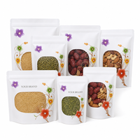 Op maat bedrukte witte staande pouch met transparant venster, hersluitbare ritssluiting, food grade, bloemenprint, voor graan, noten, gedroogd fruit, groothandel