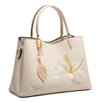 Sac fourre-tout brodé floral pour femme, grande capacité, en cuir PU, sac à bandoulière avec breloque perle, élégant sac de travail pour dames
