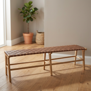 Solid Teak Wood Dark Brown Leather <b>Bench</b> Chair Modern Minimalist Design Dining Home Living Bar Durable Furniture Warehouse - Product Image 2