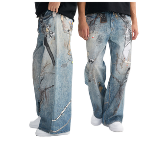 100% 면 힙합 스트레이트 와이드 레그 패션 캐주얼 독특한 패턴 데님 빈티지 바지 남여 공용 프리미엄 헐렁한 남성 청바지 바지 - Product Image 2