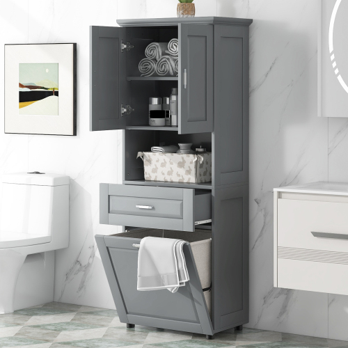 Modern Tall Bathroom Cabinet with Hotel-Style Laundry Basket Large Storage Space Tilt-Out Laundry Hamper Upper Storage Cabinet