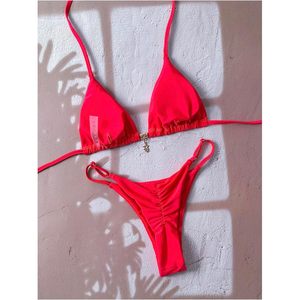RoseSeek Ensemble de bikini 2 pièces pour femme, haut de bikini triangle à nouer, coupe haute, froncé, maillot de bain extensible - Product Image 2