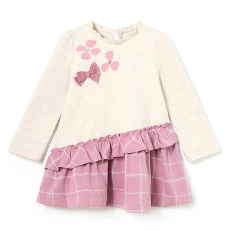花の蝶の弓シャーリングカラーチェック柄パッチワーク冬のドレスグレーピンクの赤ちゃんの女の子の子供服