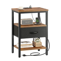 Table de chevet multifonction à 3 niveaux Station de charge USB en métal Prises de courant Tiroir en tissu Meubles de maison pour chambre à coucher