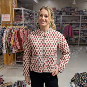 Hand Embroidered <b>Quilted</b> Cotton <b>Jacket</b> Mandarin Collar Single Button Closure Full Sleeve Geometric <b>Pattern</b> Women's Autumn Wear - Product Image 1