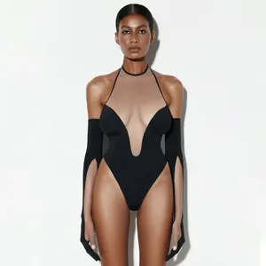 シッシークロッチレスボディスーツ手袋付きメッシュディープVネックホルターボディセクシースリム女性用トップホットファンタジーチュールテディ - Product Image 4