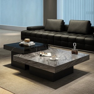 <span class=keywords><strong>Table</strong></span> basse de luxe italienne minimaliste carrée en pierre frittée gris et blanc avec cadre en bois, disponible en tailles haute/basse pour villas et salons - Product Image 4