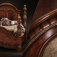 Ensemble de meubles de chambre à coucher antiques, lit king size de luxe, cadre de lit en bois massif, tête de lit sculptée en bois, meubles classiques américains
