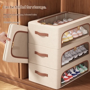 Tianshan Cotton Linen <b>Foldable</b> Stackable <b>Shoe</b> Box Storage Organizer with Moisture-Proof Lid for Home Under-Bed Dormitory Use - Product Image 3